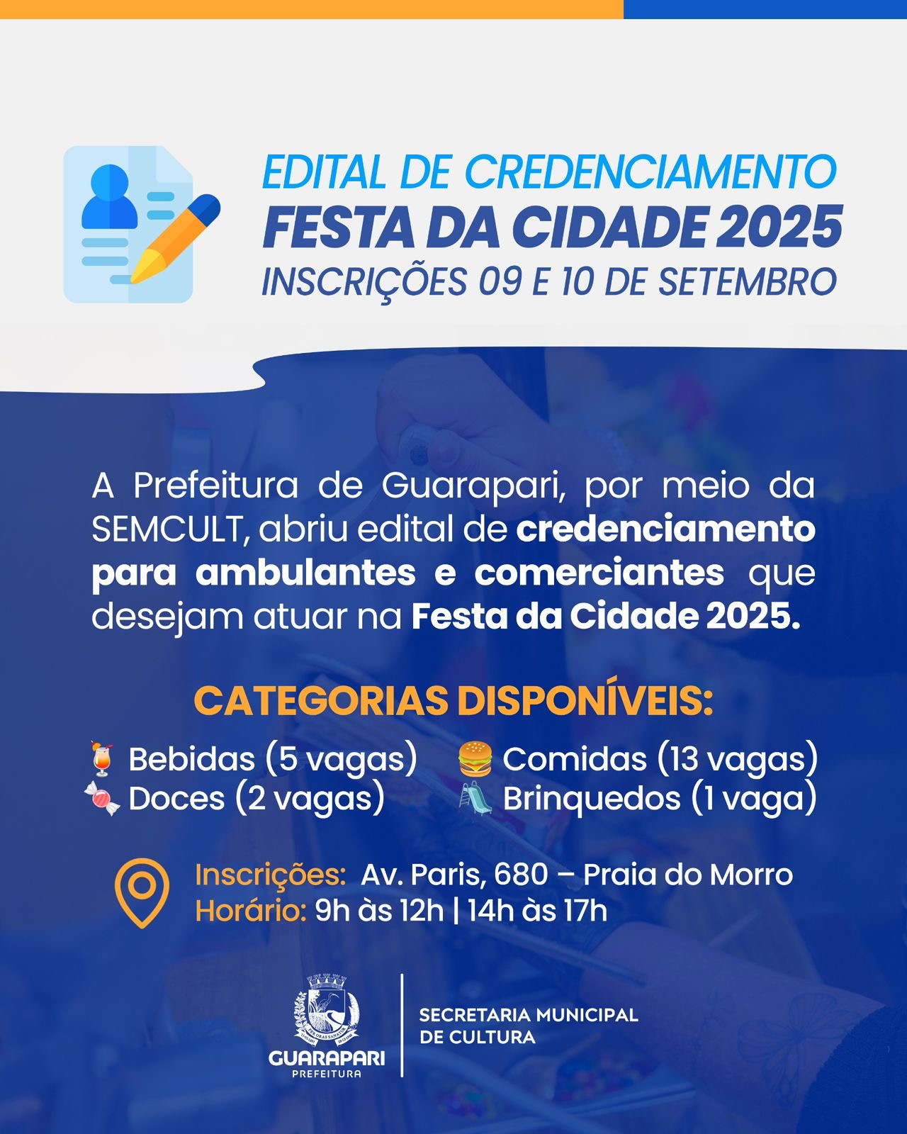 Leia mais sobre o artigo Prefeitura abre credenciamento para ambulantes na Festa da Cidade de Guarapari 2025