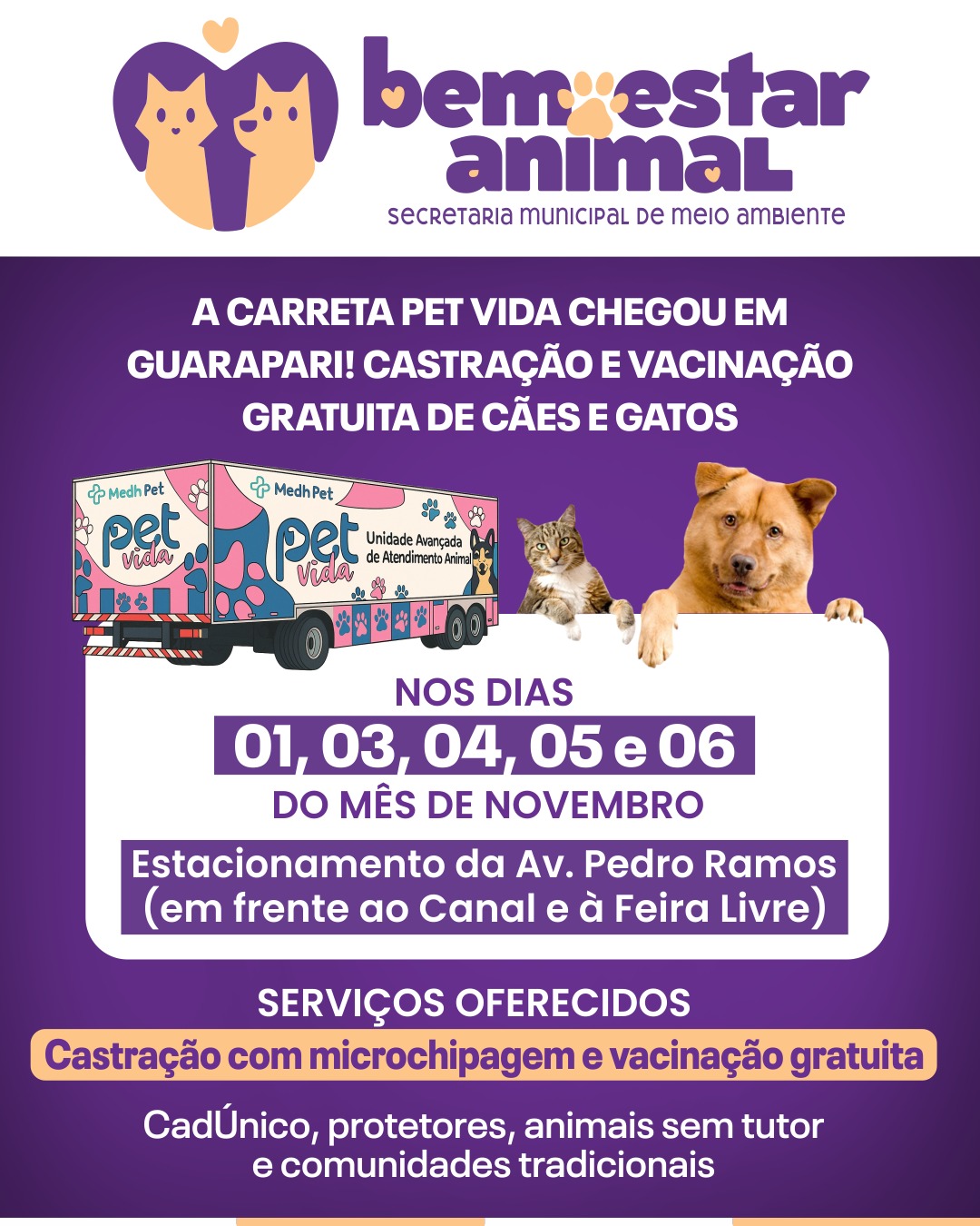 Leia mais sobre o artigo Carreta Pet Vida ficará cinco dias em Guarapari com castração e vacinação gratuitas