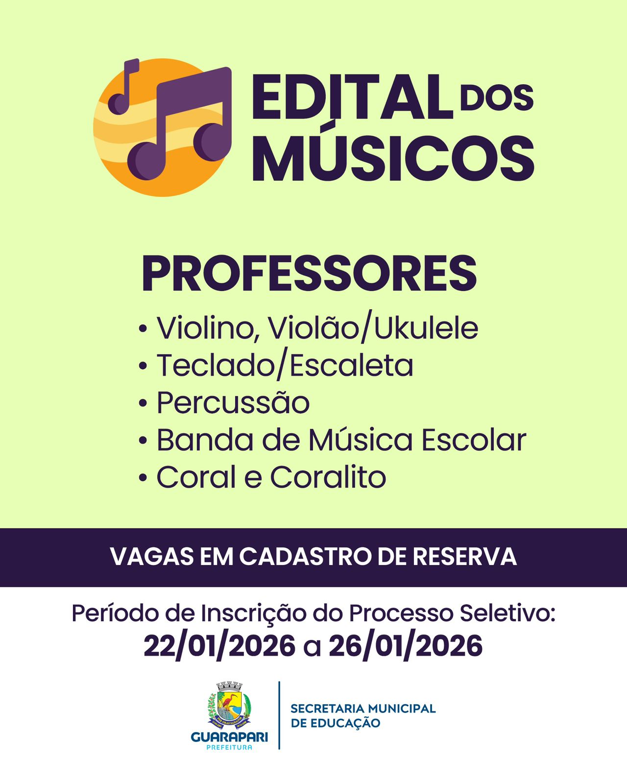 Leia mais sobre o artigo Prefeitura de Guarapari abre processo seletivo para contratação de professores de música